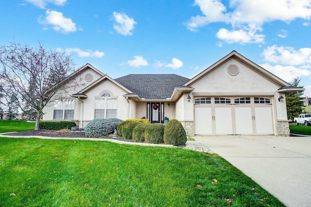 single story home with a garage and a front yard