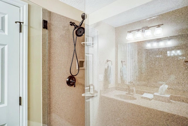 bathroom featuring a textured ceiling and tiled shower