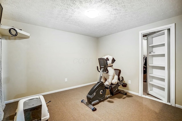 exercise room with carpet floors and a textured ceiling