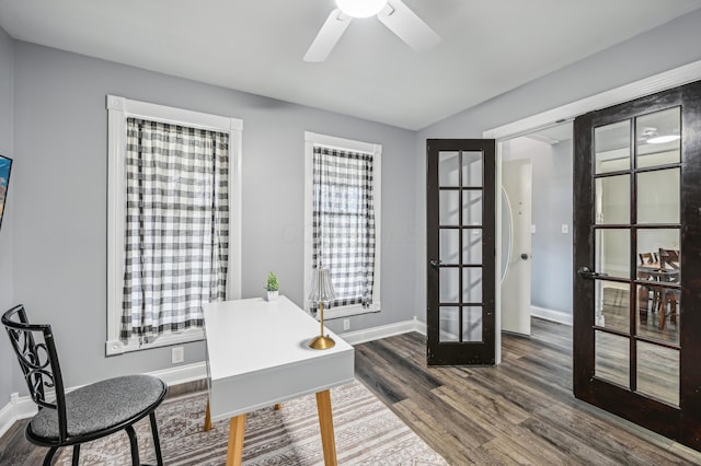 office with ceiling fan, dark wood-type flooring, and french doors