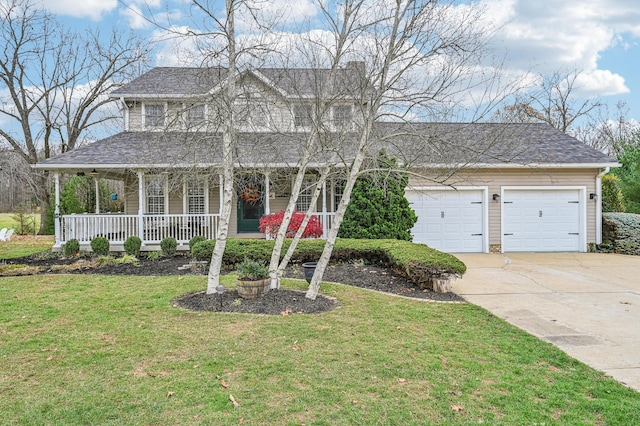 view of front of property with a porch, a garage, and a front lawn