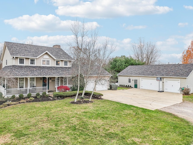 view of front facade featuring a garage, a porch, and a front yard