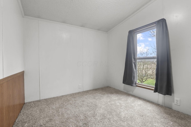 unfurnished room with crown molding, carpet floors, and a textured ceiling