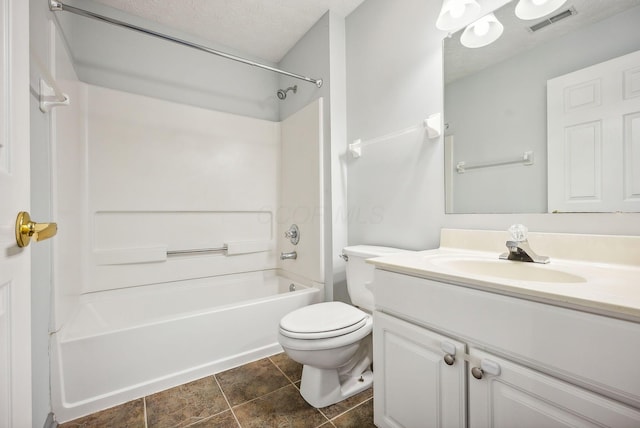 full bathroom featuring tile patterned flooring, a textured ceiling, toilet, shower / tub combination, and vanity