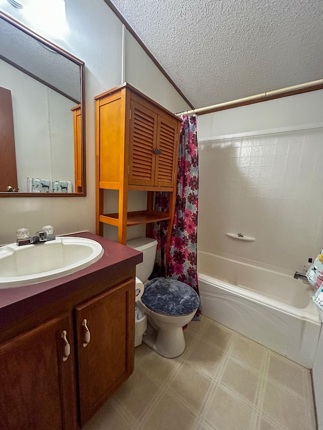 full bathroom with vanity, vaulted ceiling, toilet, shower / bathtub combination with curtain, and a textured ceiling