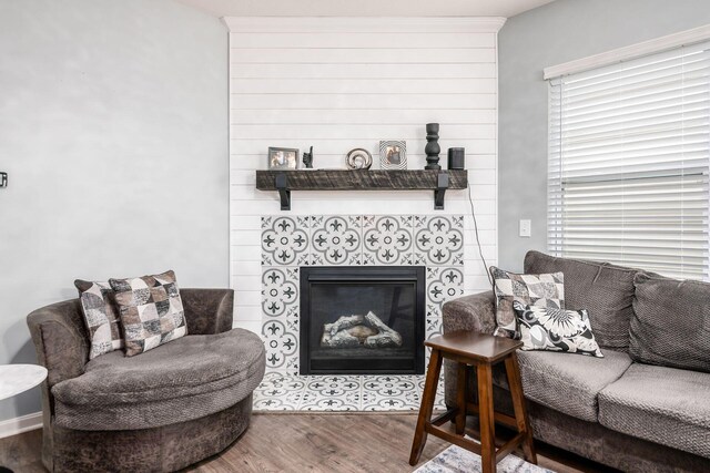 living room with a tile fireplace and wood-type flooring