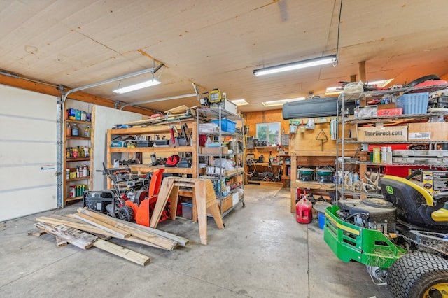 garage with a workshop area