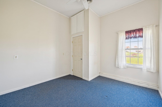 carpeted empty room featuring ceiling fan and ornamental molding