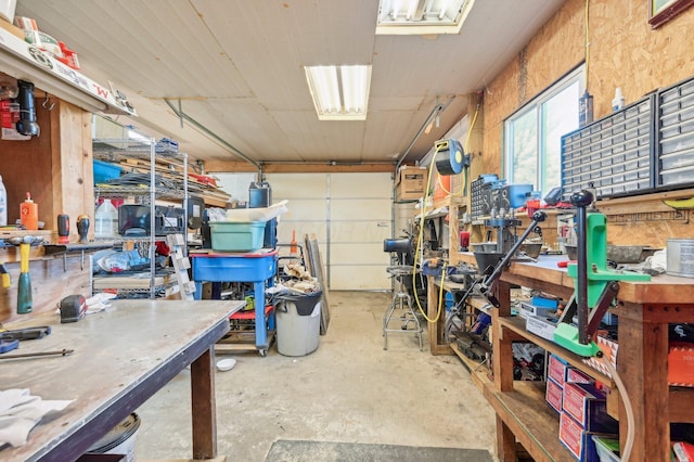 garage featuring a workshop area