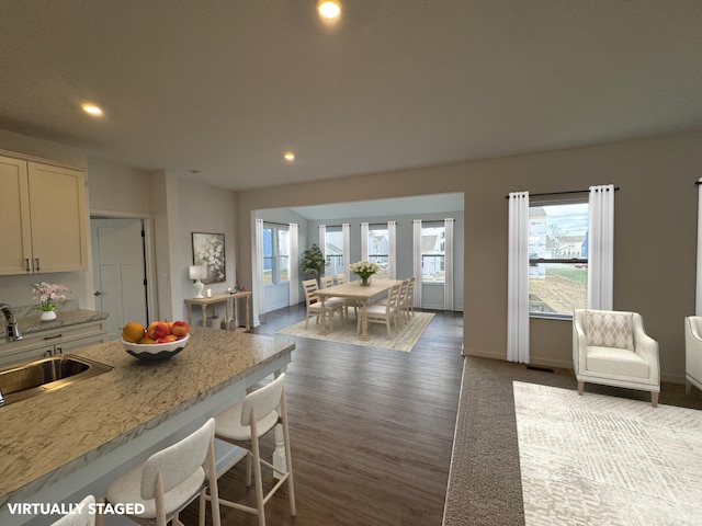 kitchen with light stone counters, sink, and hardwood / wood-style flooring