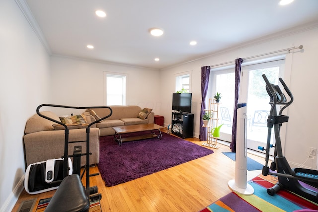 living room featuring crown molding, plenty of natural light, and hardwood / wood-style flooring