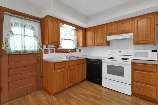 kitchen featuring plenty of natural light, light hardwood / wood-style flooring, white appliances, and sink