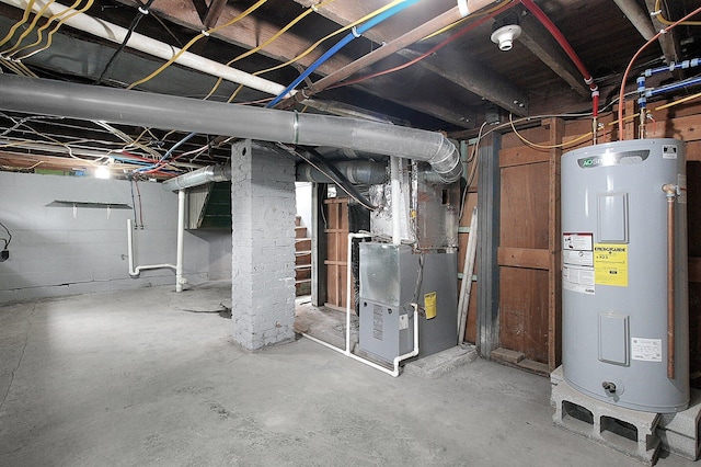 basement with electric water heater and heating unit