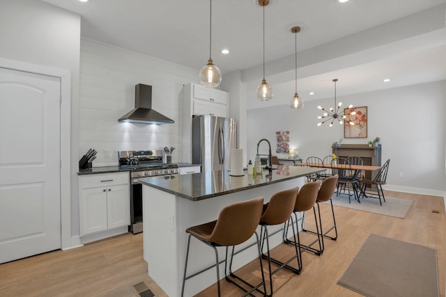 kitchen with white cabinets, wall chimney range hood, an island with sink, and appliances with stainless steel finishes