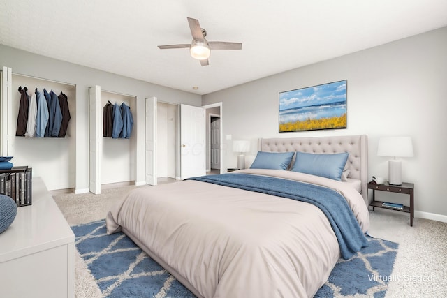 carpeted bedroom featuring ceiling fan