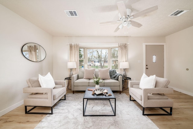 living room with ceiling fan, a textured ceiling, and light wood-type flooring