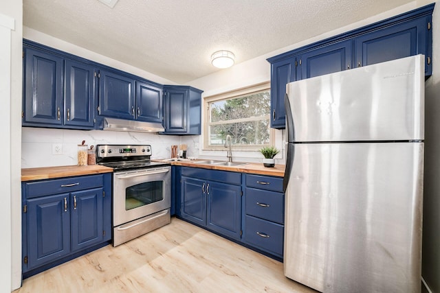 kitchen featuring sink, blue cabinets, wooden counters, and appliances with stainless steel finishes