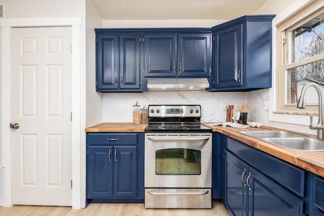 kitchen with blue cabinetry, butcher block countertops, sink, and stainless steel range with electric cooktop