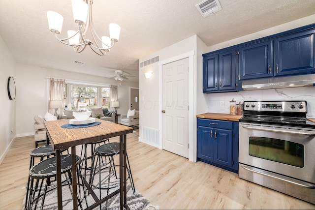 kitchen with stainless steel electric stove, ceiling fan with notable chandelier, blue cabinets, decorative light fixtures, and light hardwood / wood-style floors