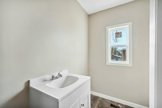 bathroom with hardwood / wood-style floors and vanity