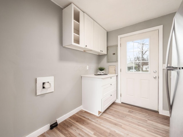 laundry room with electric panel and light hardwood / wood-style floors