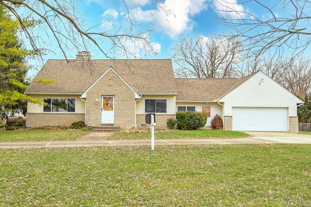 ranch-style house with a front yard and a garage