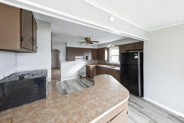 kitchen featuring ceiling fan, sink, black fridge, light wood-type flooring, and ornamental molding