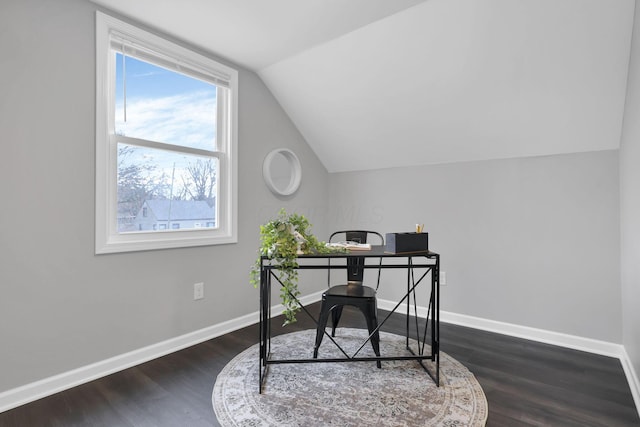 office area with vaulted ceiling and dark hardwood / wood-style floors