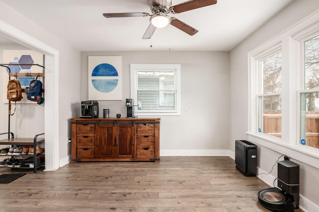 interior space featuring light hardwood / wood-style floors and ceiling fan