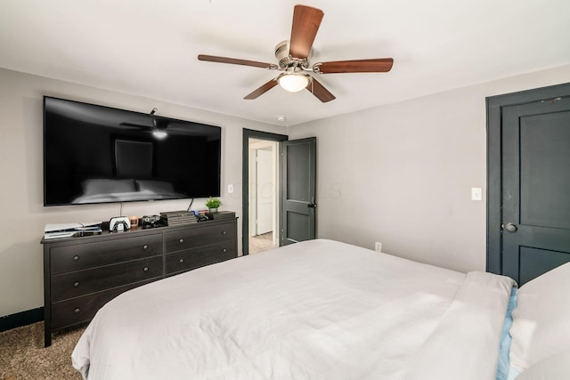 bedroom featuring light carpet and ceiling fan