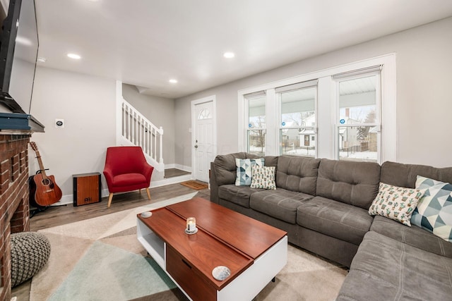 living room featuring a fireplace