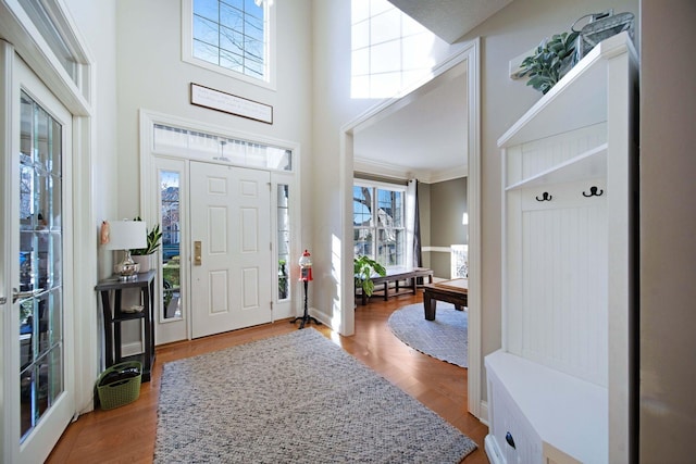 entrance foyer featuring hardwood / wood-style flooring, billiards, ornamental molding, and a high ceiling