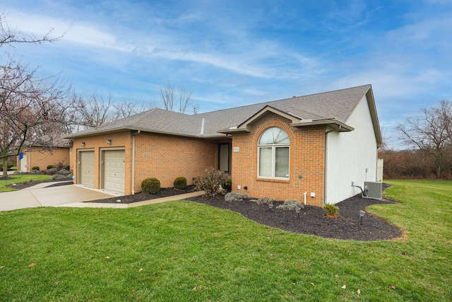 single story home with central AC, a front lawn, and a garage