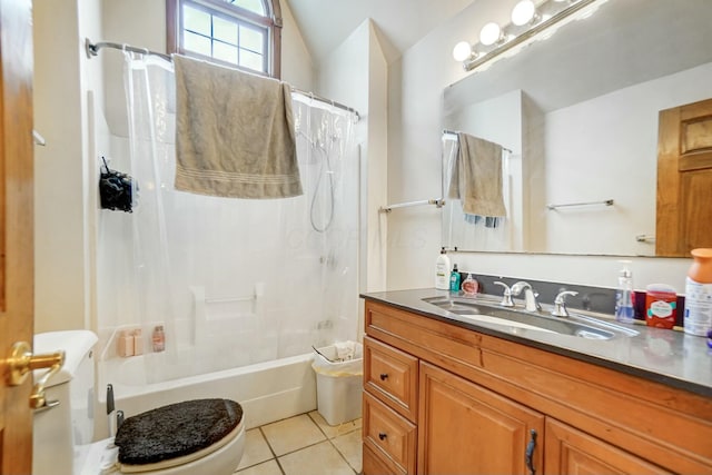 full bathroom with shower / bath combination with curtain, tile patterned floors, vanity, toilet, and lofted ceiling