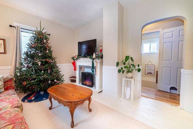 living room with plenty of natural light, light hardwood / wood-style floors, and a textured ceiling