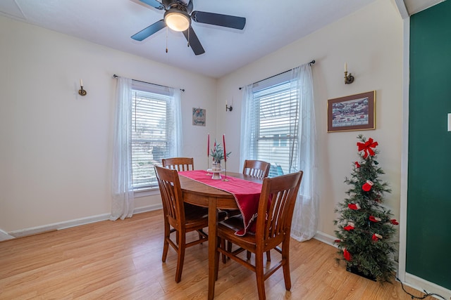 dining space with ceiling fan, a healthy amount of sunlight, and light wood-type flooring