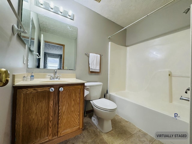 full bath featuring shower / bathing tub combination, toilet, a textured ceiling, vanity, and tile patterned flooring