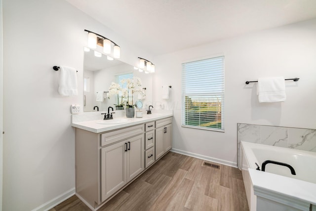 bathroom featuring a washtub, vanity, and hardwood / wood-style flooring