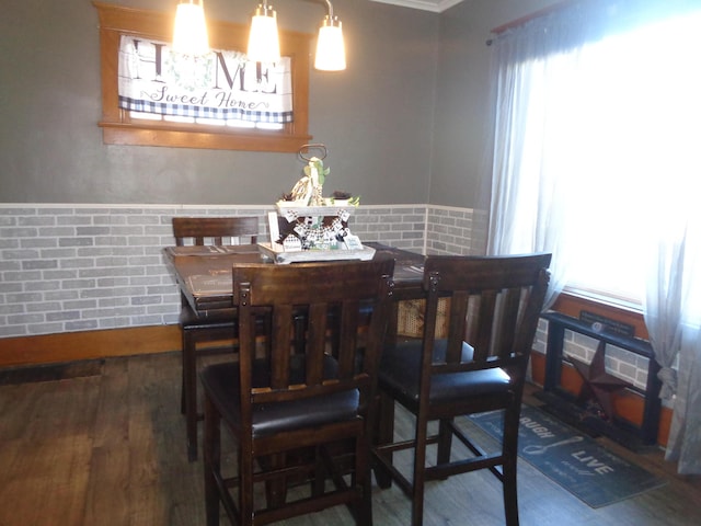 dining area with ornamental molding and hardwood / wood-style flooring