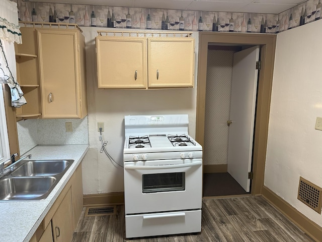 981 Davids St, Marion, OH 43302 - kitchen featuring white range with gas cooktop, dark wood-style floors, light countertops, and open shelves