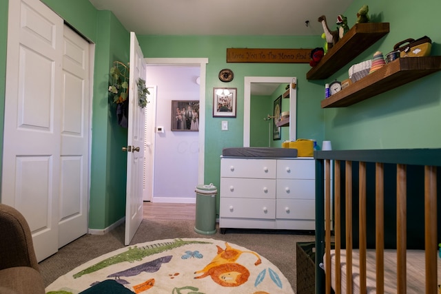 bedroom with dark carpet