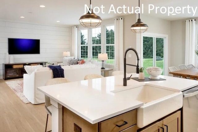 kitchen with dishwasher, a healthy amount of sunlight, light wood-type flooring, and pendant lighting