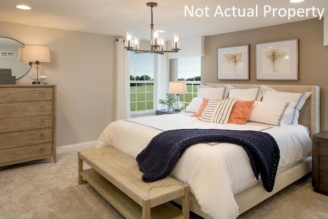 bedroom featuring visible vents, baseboards, light carpet, recessed lighting, and an inviting chandelier