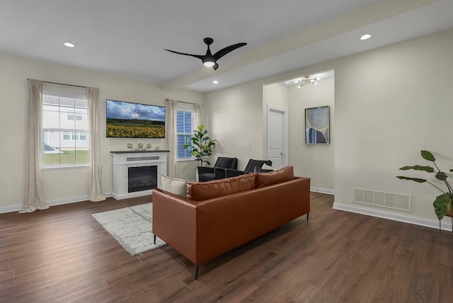 living room with dark hardwood / wood-style flooring and ceiling fan with notable chandelier