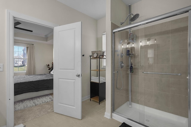 bathroom with tile patterned flooring and walk in shower