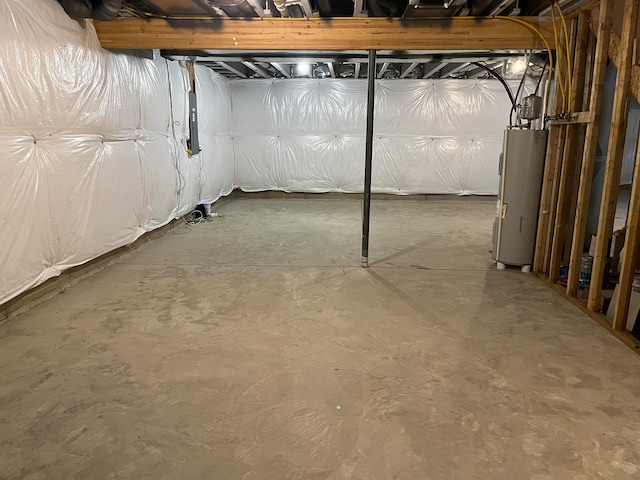 basement with electric panel and gas water heater