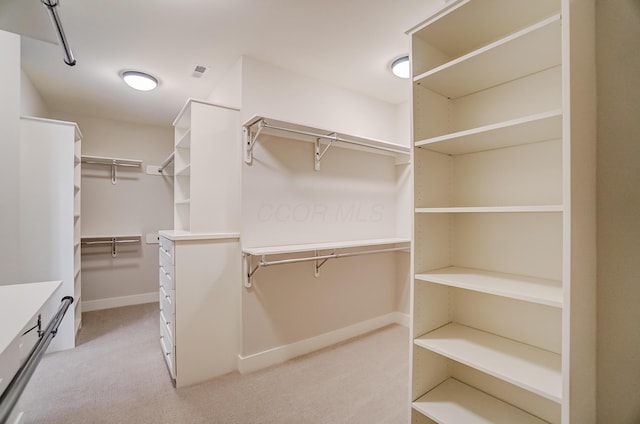 spacious closet featuring light carpet