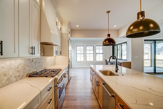 kitchen with stainless steel appliances, backsplash, a sink, wood finished floors, and premium range hood