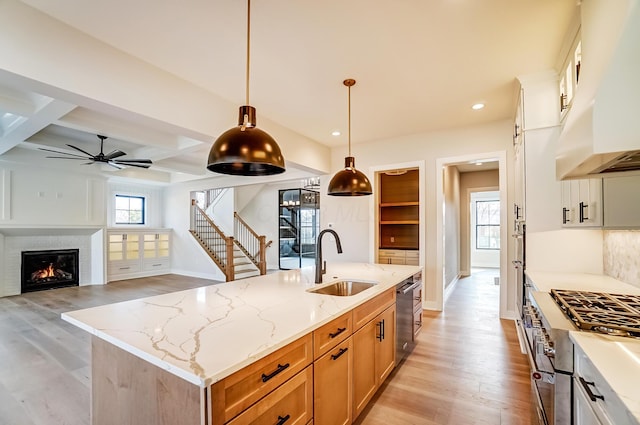 kitchen featuring plenty of natural light, light wood-type flooring, a glass covered fireplace, and a sink