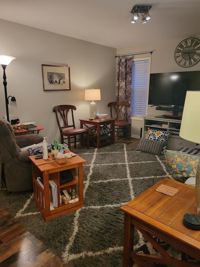 living room with dark hardwood / wood-style flooring